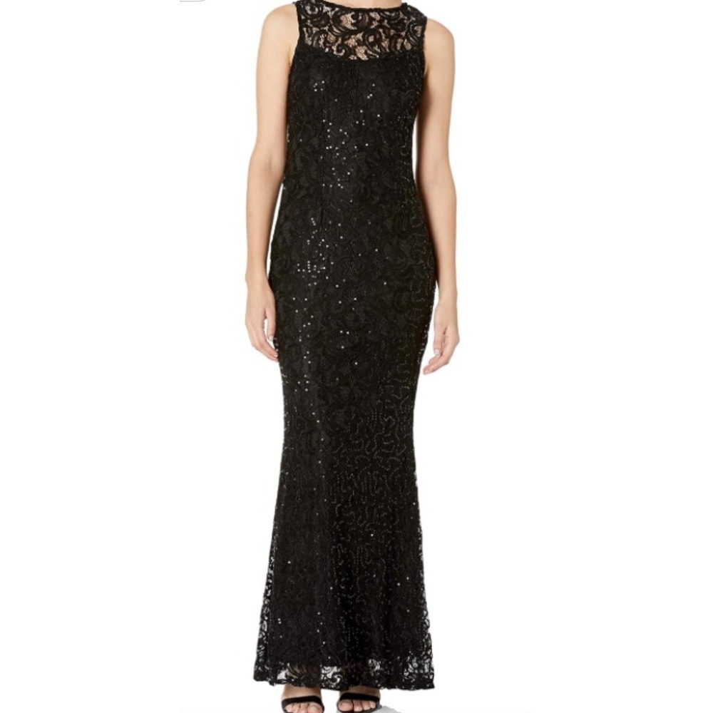 MARINA Sequin Lace Maxi Gown Formal SZ 12 NWT Sleeveless Illusion Dress Black‎
